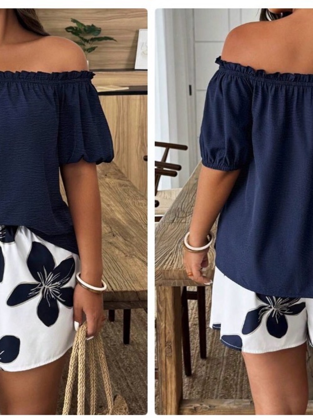 Navy Off-Shoulder Puff Sleeve Top with Floral Shorts, 2X